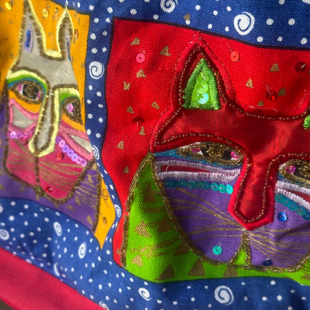 Laurel Burch Canvas Tote Bag Red Blue Three Cats Sequin Embroidered Shoulder Bag - Picture 9 of 16